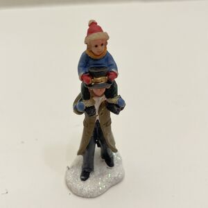Celebrations Christmas Village Brothers Piggy Back Ride 3” Tall Glittery Snow